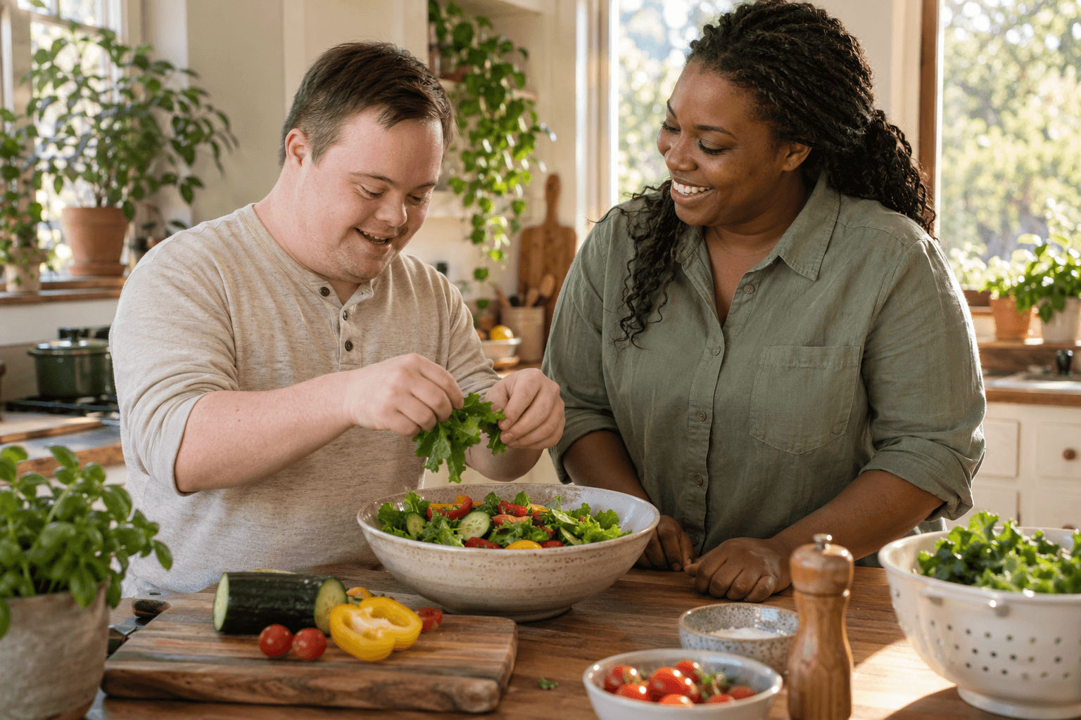 Illustration: a support worker and a person cooking together at home