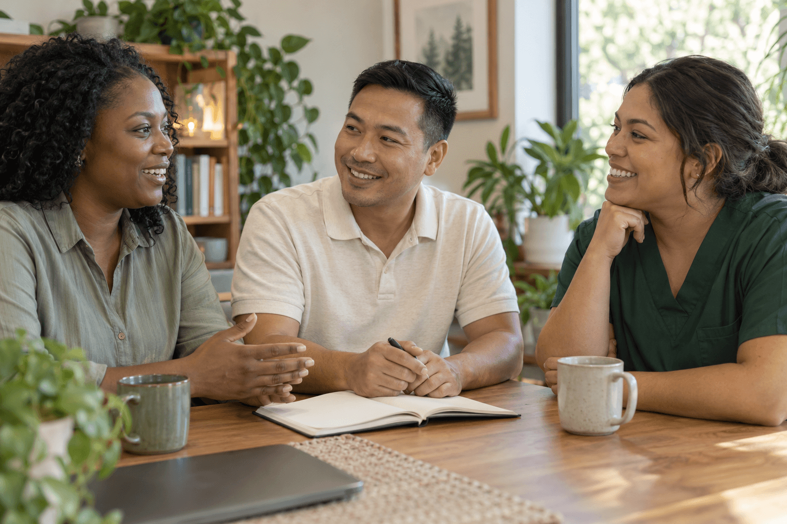 Illustration: a care team talking together at a home
